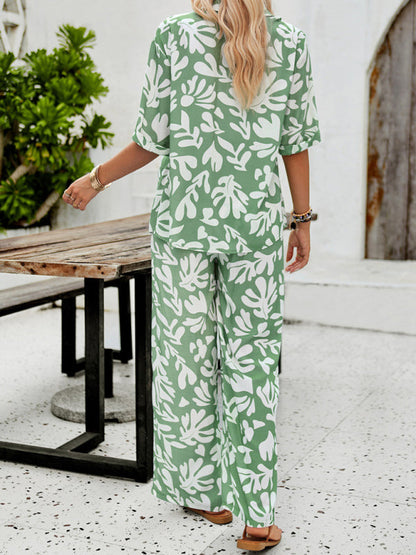 Nouvel ensemble de vacances pour femme : chemise à manches courtes à revers imprimée et pantalon décontracté