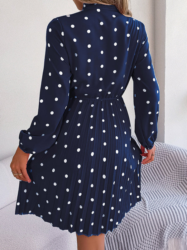 Jupe plissée à manches longues, taille lacée, pois, élégante pour femme