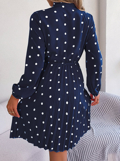 Jupe plissée à manches longues, taille lacée, pois, élégante pour femme