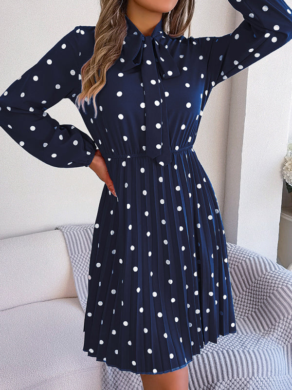 Jupe plissée à manches longues, taille lacée, pois, élégante pour femme
