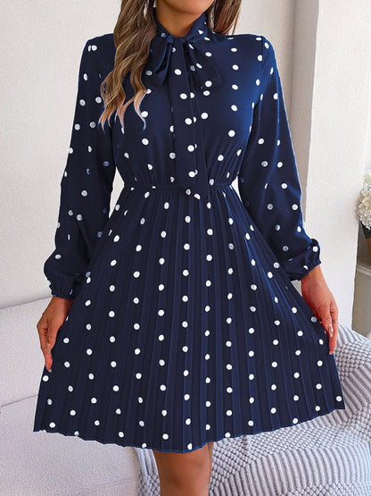 Jupe plissée à manches longues, taille lacée, pois, élégante pour femme
