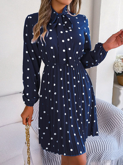 Jupe plissée à manches longues, taille lacée, pois, élégante pour femme