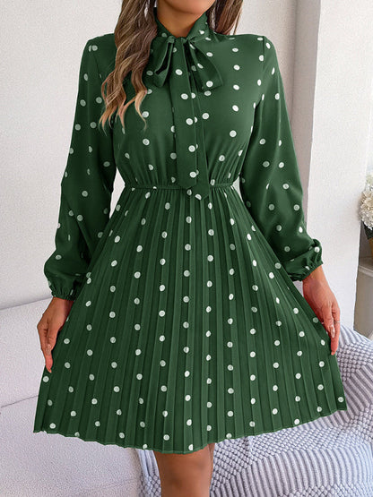 Jupe plissée à manches longues, taille lacée, pois, élégante pour femme