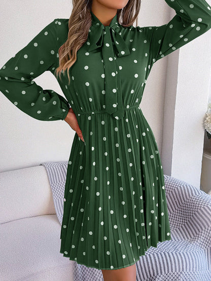 Jupe plissée à manches longues, taille lacée, pois, élégante pour femme