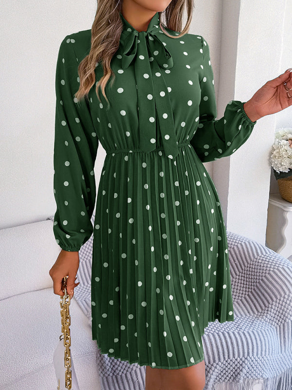 Jupe plissée à manches longues, taille lacée, pois, élégante pour femme