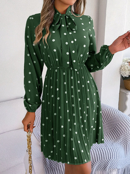 Jupe plissée à manches longues, taille lacée, pois, élégante pour femme
