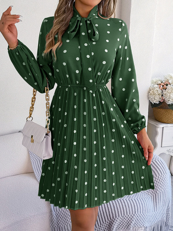 Jupe plissée à manches longues, taille lacée, pois, élégante pour femme
