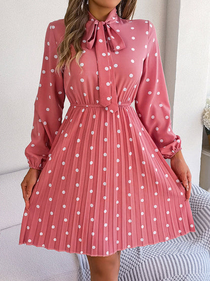Jupe plissée à manches longues, taille lacée, pois, élégante pour femme
