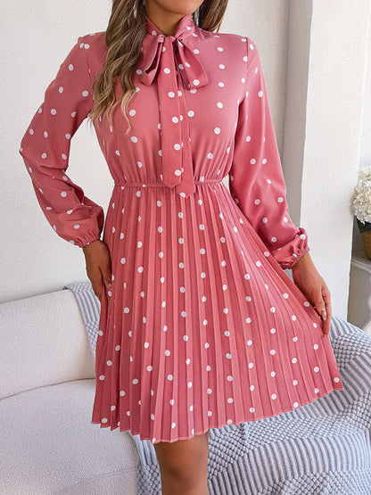Jupe plissée à manches longues, taille lacée, pois, élégante pour femme