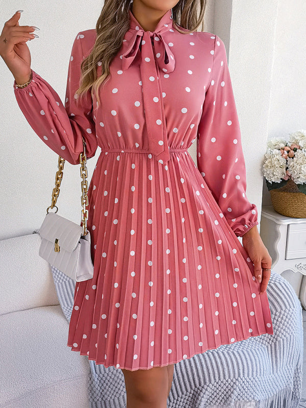Jupe plissée à manches longues, taille lacée, pois, élégante pour femme