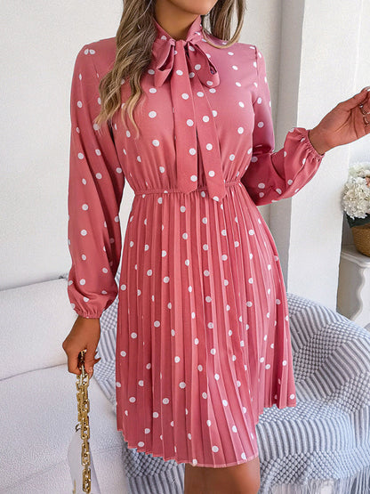 Jupe plissée à manches longues, taille lacée, pois, élégante pour femme