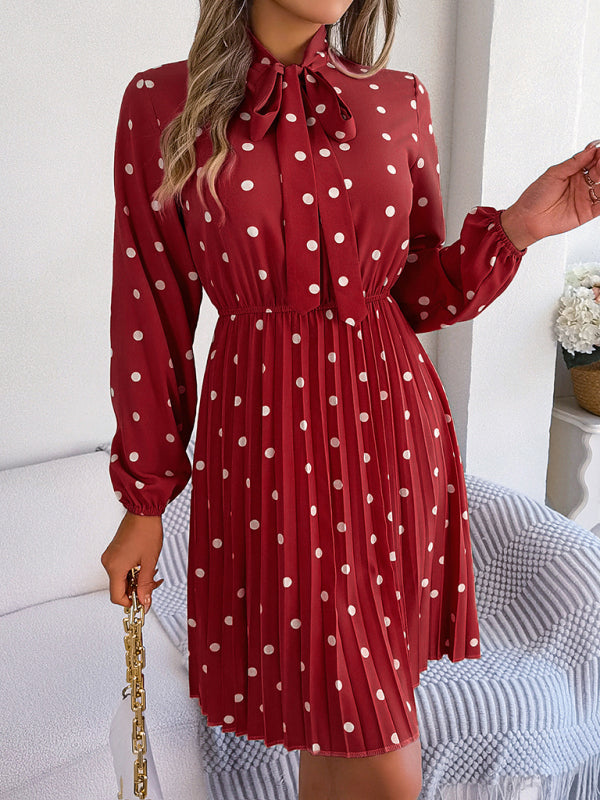 Jupe plissée à manches longues, taille lacée, pois, élégante pour femme