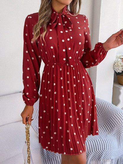 Jupe plissée à manches longues, taille lacée, pois, élégante pour femme