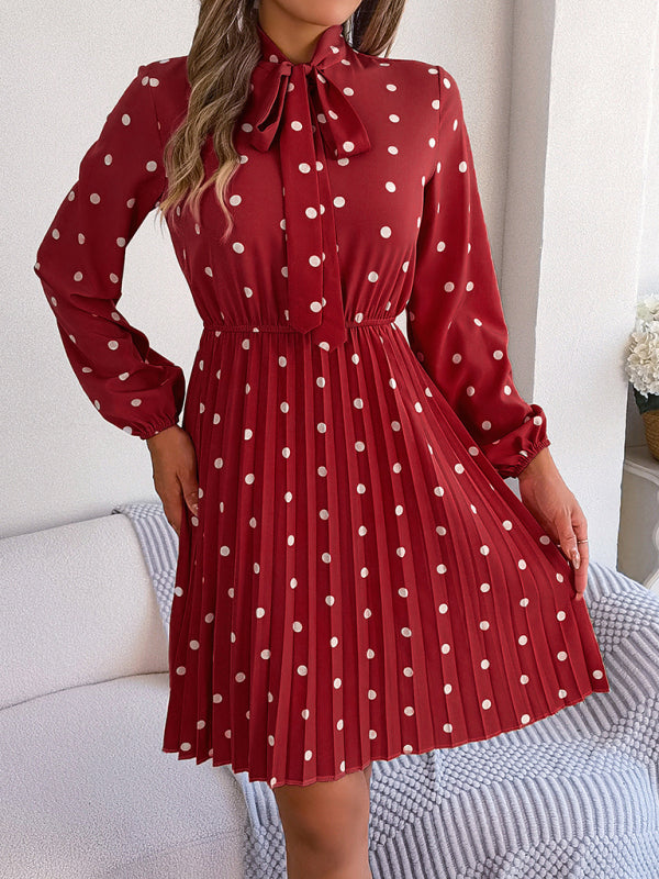 Jupe plissée à manches longues, taille lacée, pois, élégante pour femme
