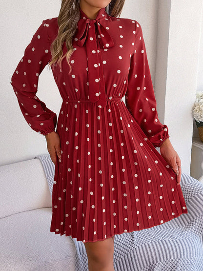 Jupe plissée à manches longues, taille lacée, pois, élégante pour femme
