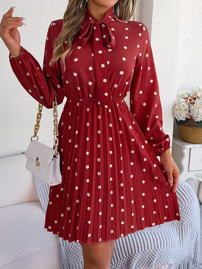 Jupe plissée à manches longues, taille lacée, pois, élégante pour femme