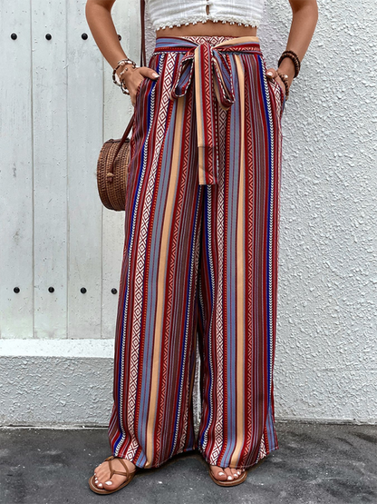Nouveau pantalon ample rayé à taille haute élastique et jambes larges