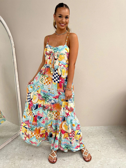 Nouvelle robe à bretelles imprimée INS, robe décontractée ample pour les vacances, avec élastique.