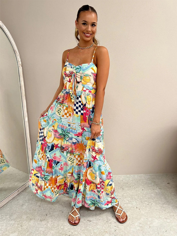 Nouvelle robe à bretelles imprimée INS, robe décontractée ample pour les vacances, avec élastique.