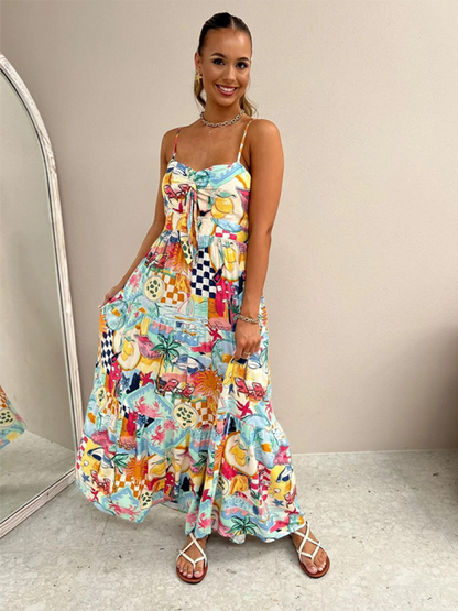 Nouvelle robe à bretelles imprimée INS, robe décontractée ample pour les vacances, avec élastique.