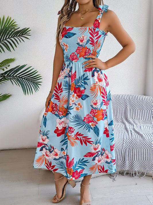 Robe de plage à bretelles et taille nouée à fleurs pour femme