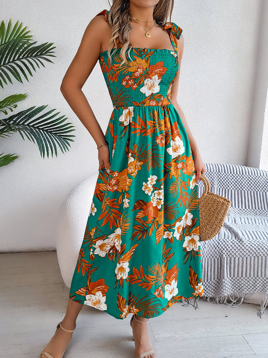 Robe de plage à bretelles et taille nouée à fleurs pour femme