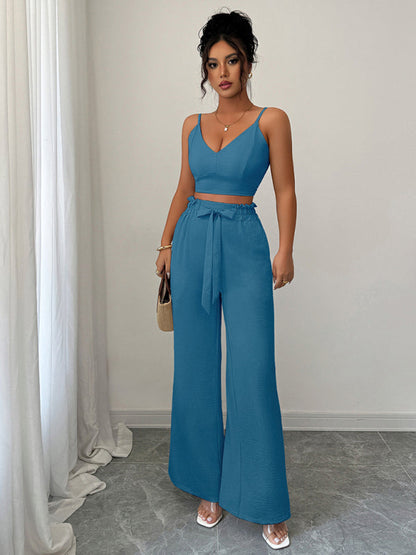 Peacock Blue Suspender Vest Wide Leg Pants Two-Piece Set