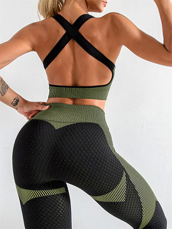 Ensemble deux pièces brassière dos nu de yoga + pantalon de yoga taille haute moulant pour femme