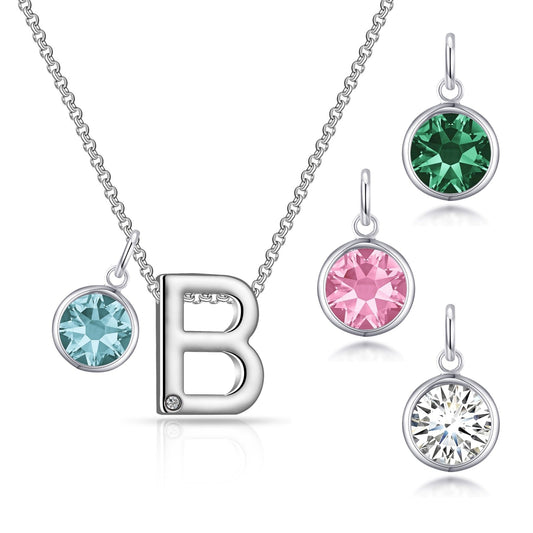Initial B Necklace with Birthstone Charm Created with Zircondia® Crystals