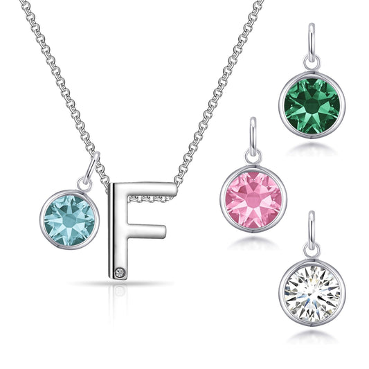 Initial F Necklace with Birthstone Charm Created with Zircondia® Crystals