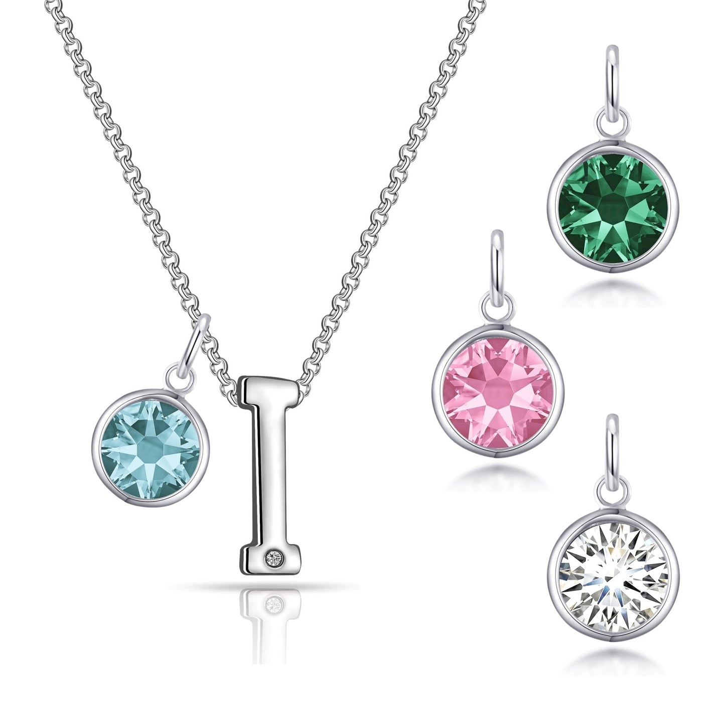Initial I Necklace with Birthstone Charm Created with Zircondia® Crystals