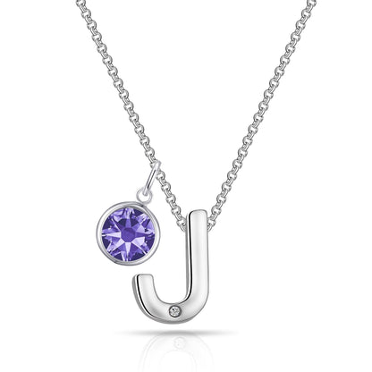 Initial J Necklace with Birthstone Charm Created with Zircondia® Crystals