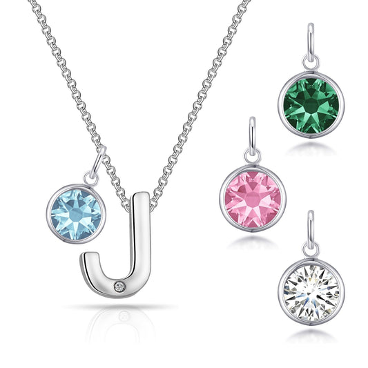 Initial J Necklace with Birthstone Charm Created with Zircondia® Crystals