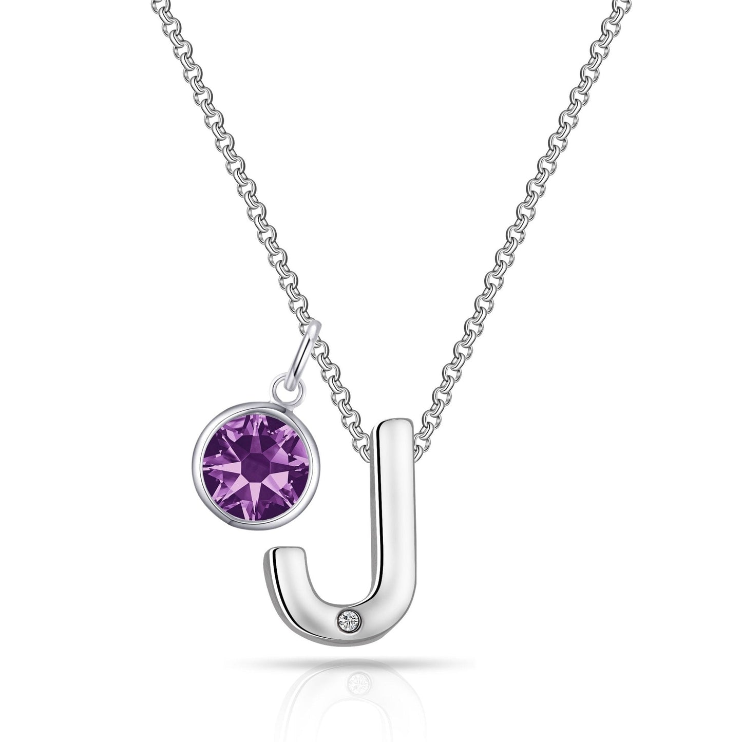Initial J Necklace with Birthstone Charm Created with Zircondia® Crystals