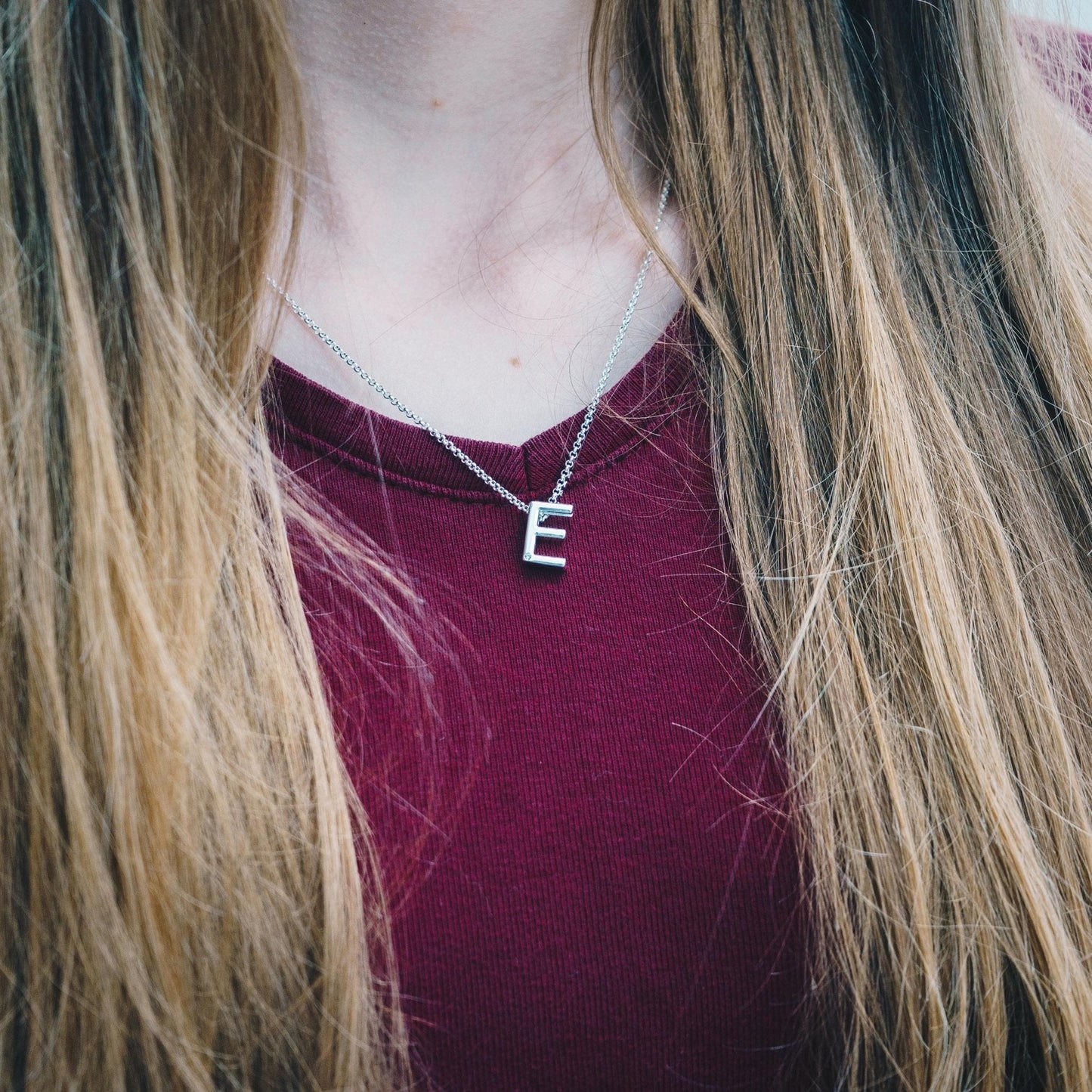 Initial Necklace Letter E Created with Zircondia® Crystals