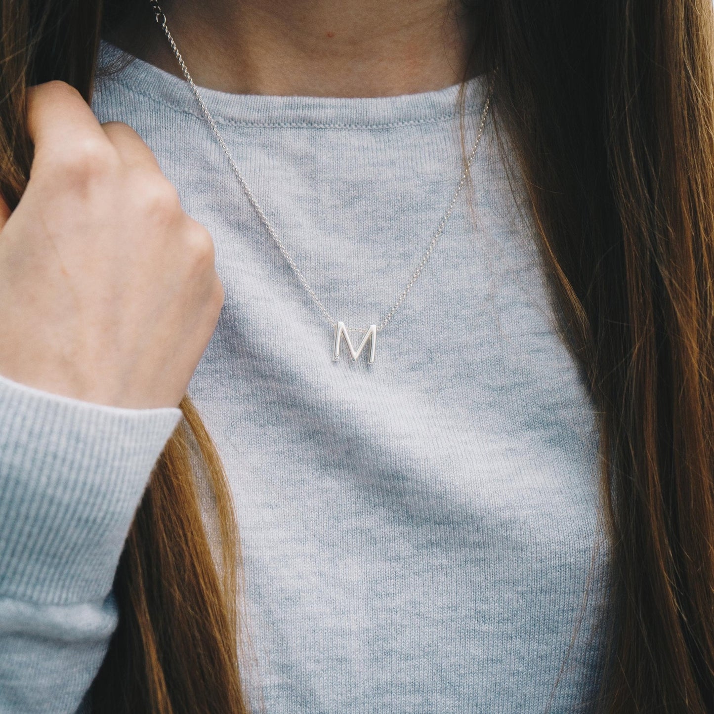 Initial Necklace Letter M Created with Zircondia® Crystals