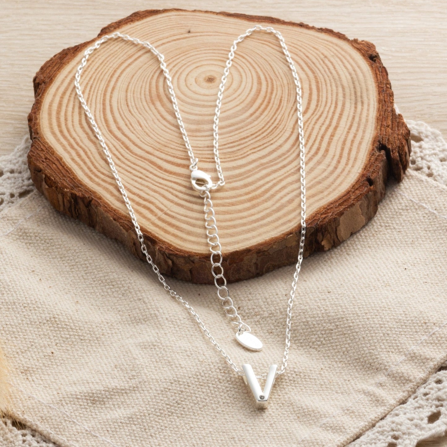 Initial Necklace Letter V Created with Zircondia® Crystals