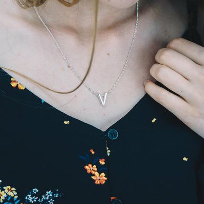 Initial Necklace Letter V Created with Zircondia® Crystals