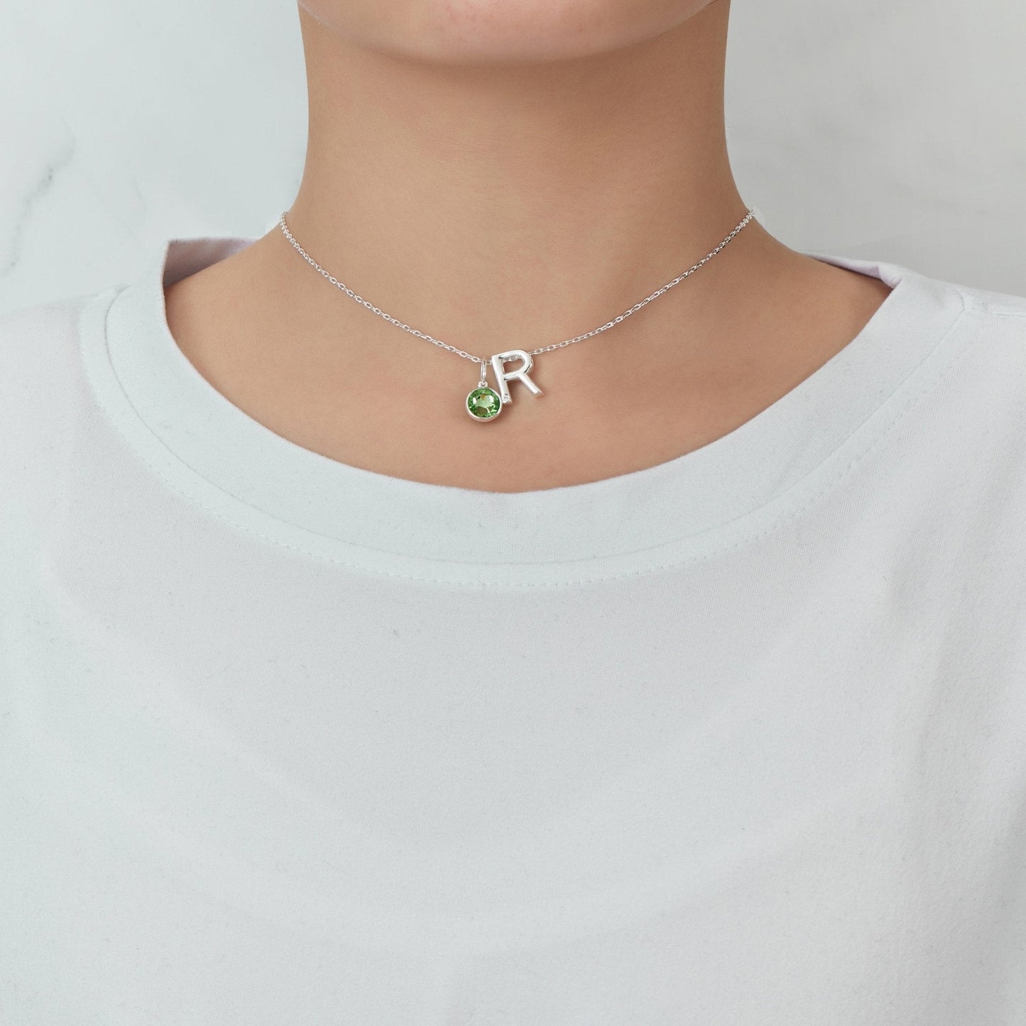 Initial R Necklace with Birthstone Charm Created with Zircondia® Crystals