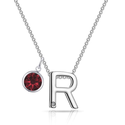 Initial R Necklace with Birthstone Charm Created with Zircondia® Crystals