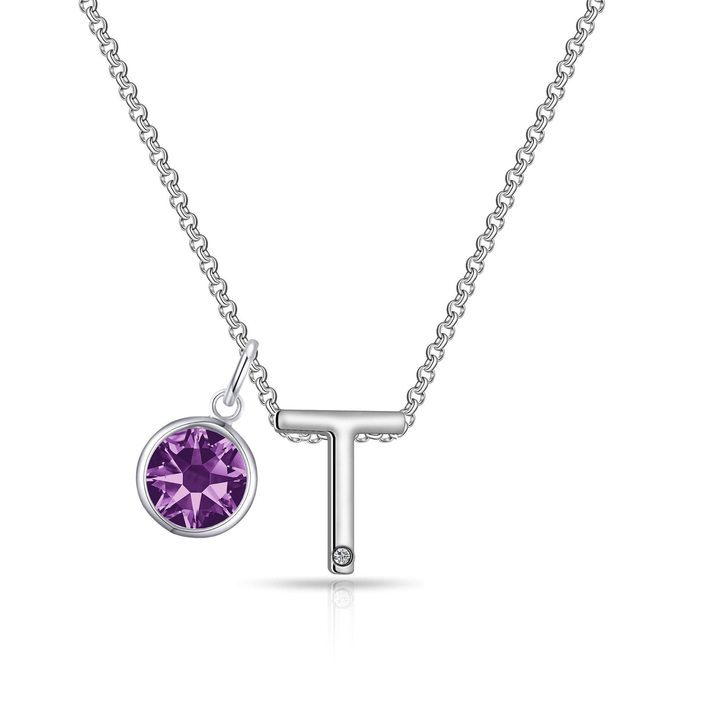 Initial T Necklace with Birthstone Charm Created with Zircondia® Crystals