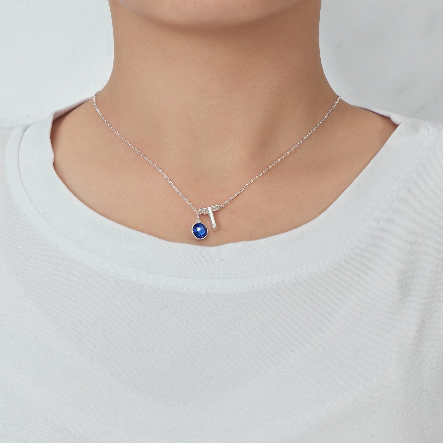 Initial T Necklace with Birthstone Charm Created with Zircondia® Crystals