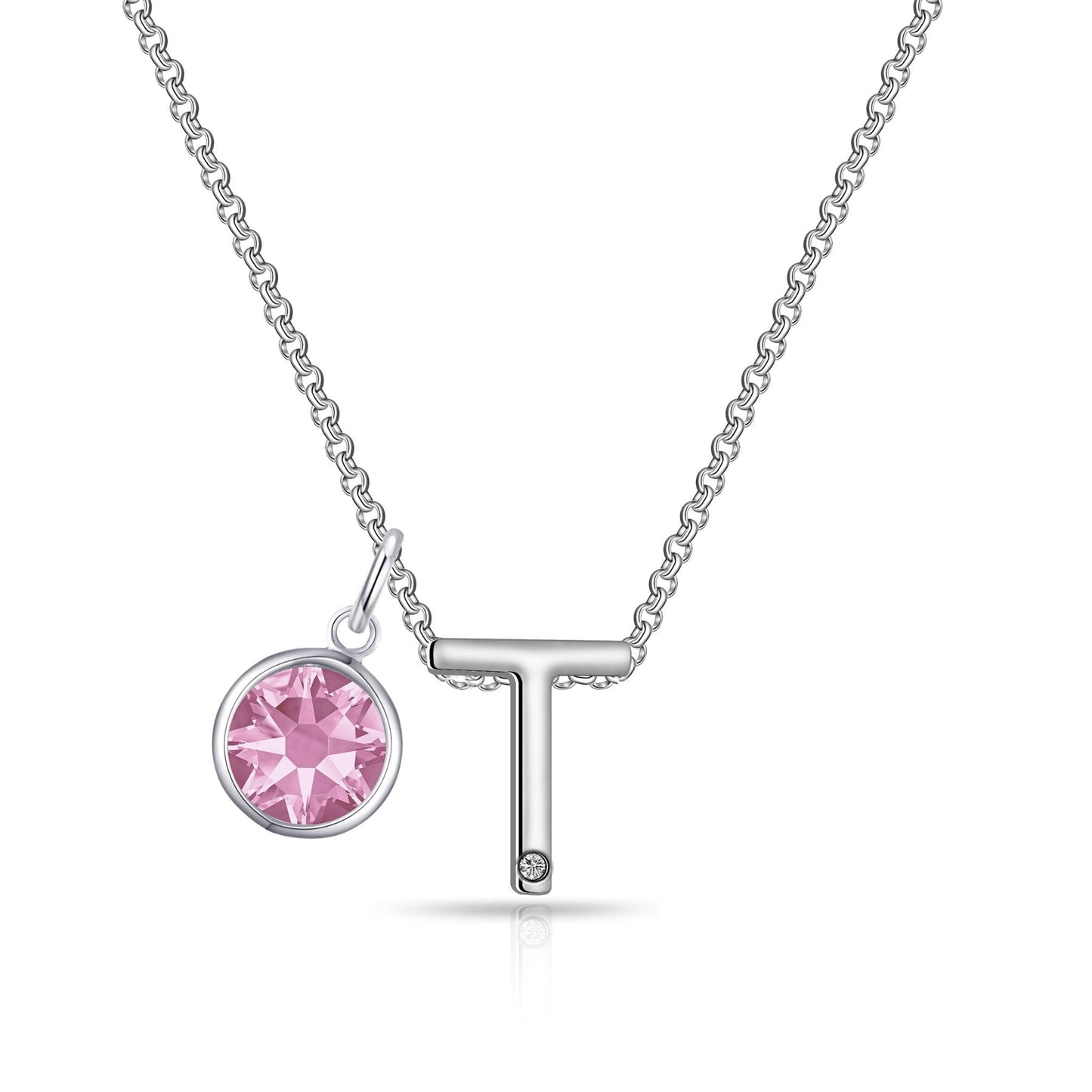 Initial T Necklace with Birthstone Charm Created with Zircondia® Crystals