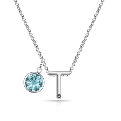 Initial T Necklace with Birthstone Charm Created with Zircondia® Crystals