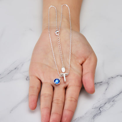 Initial T Necklace with Birthstone Charm Created with Zircondia® Crystals