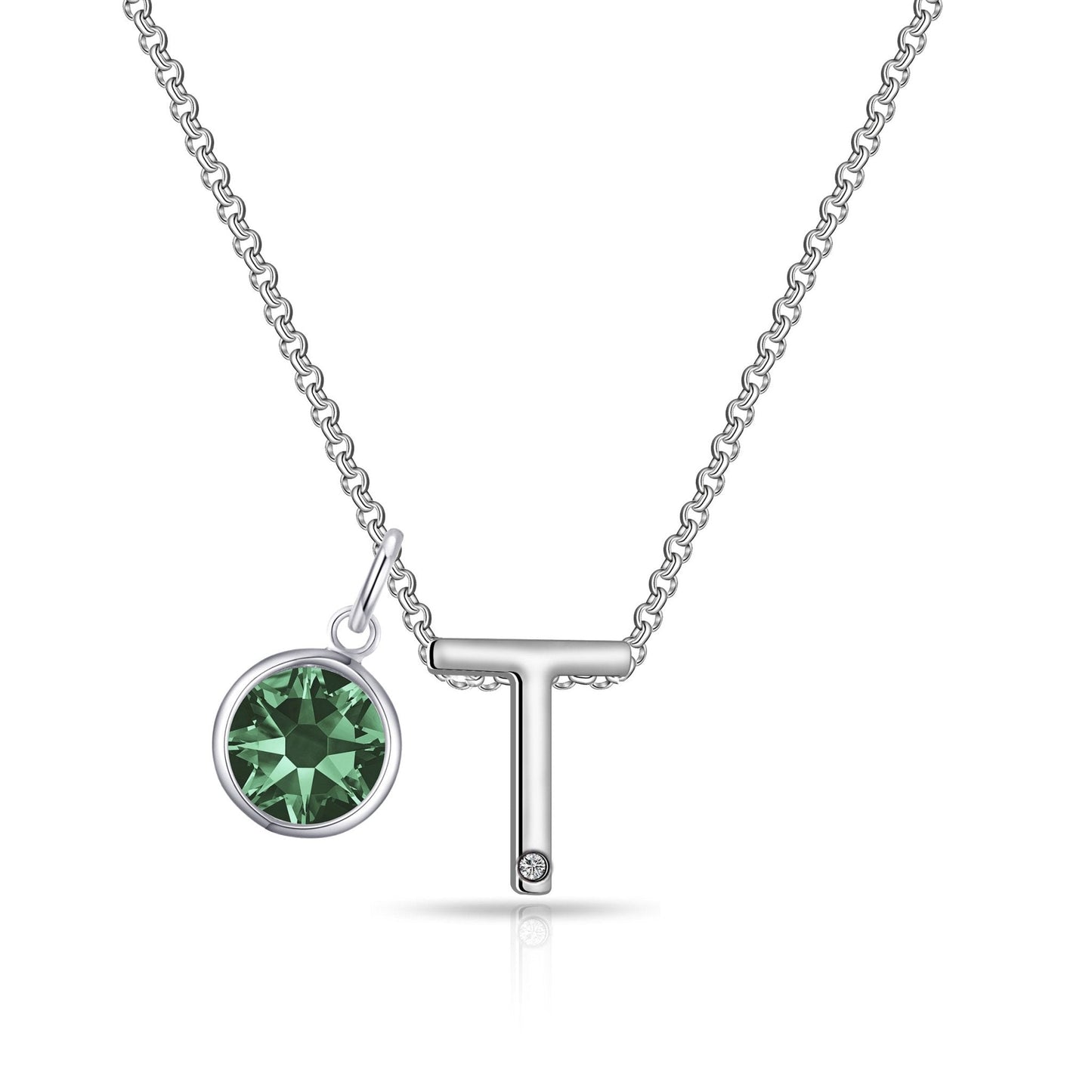 Initial T Necklace with Birthstone Charm Created with Zircondia® Crystals