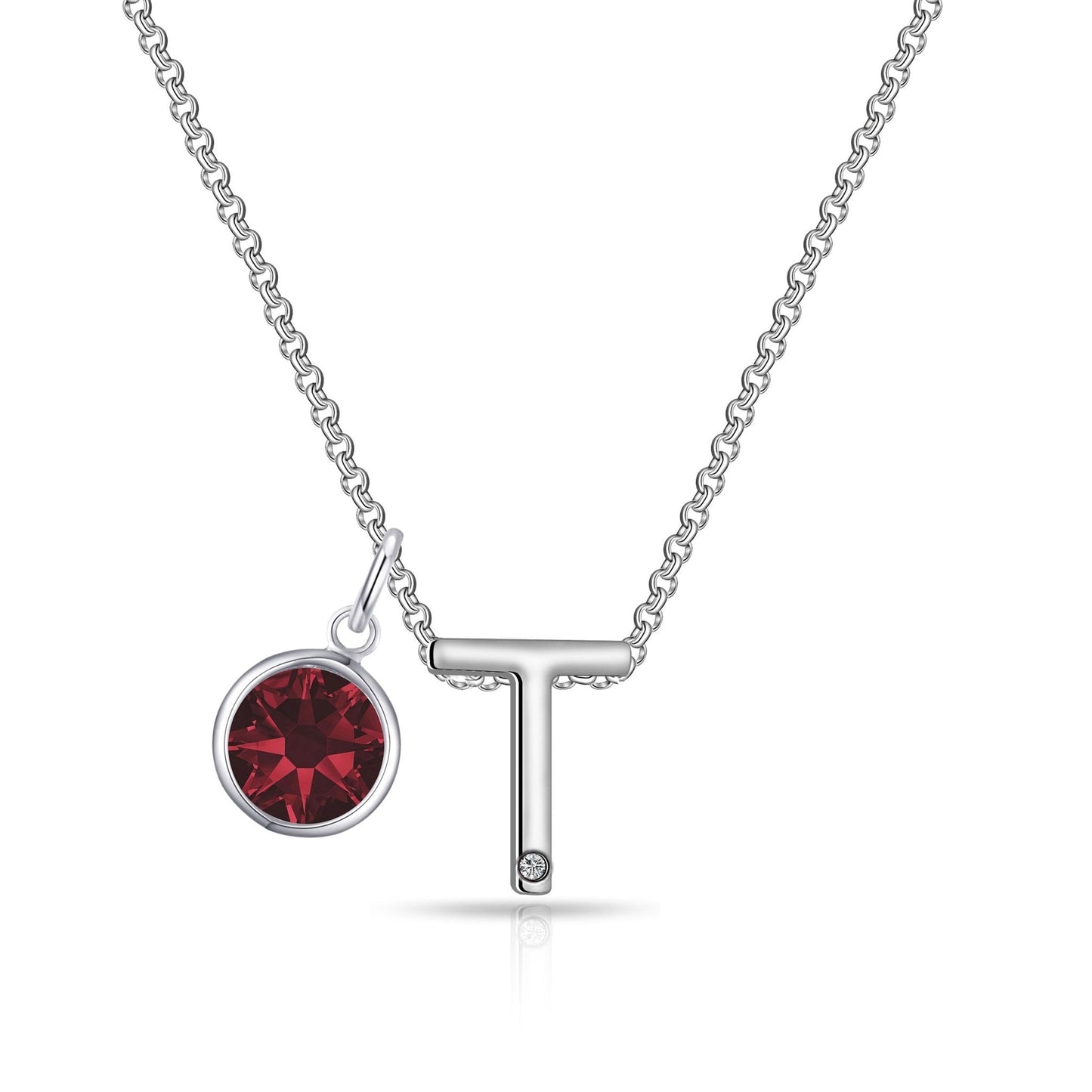 Initial T Necklace with Birthstone Charm Created with Zircondia® Crystals