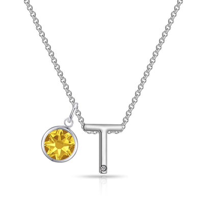 Initial T Necklace with Birthstone Charm Created with Zircondia® Crystals