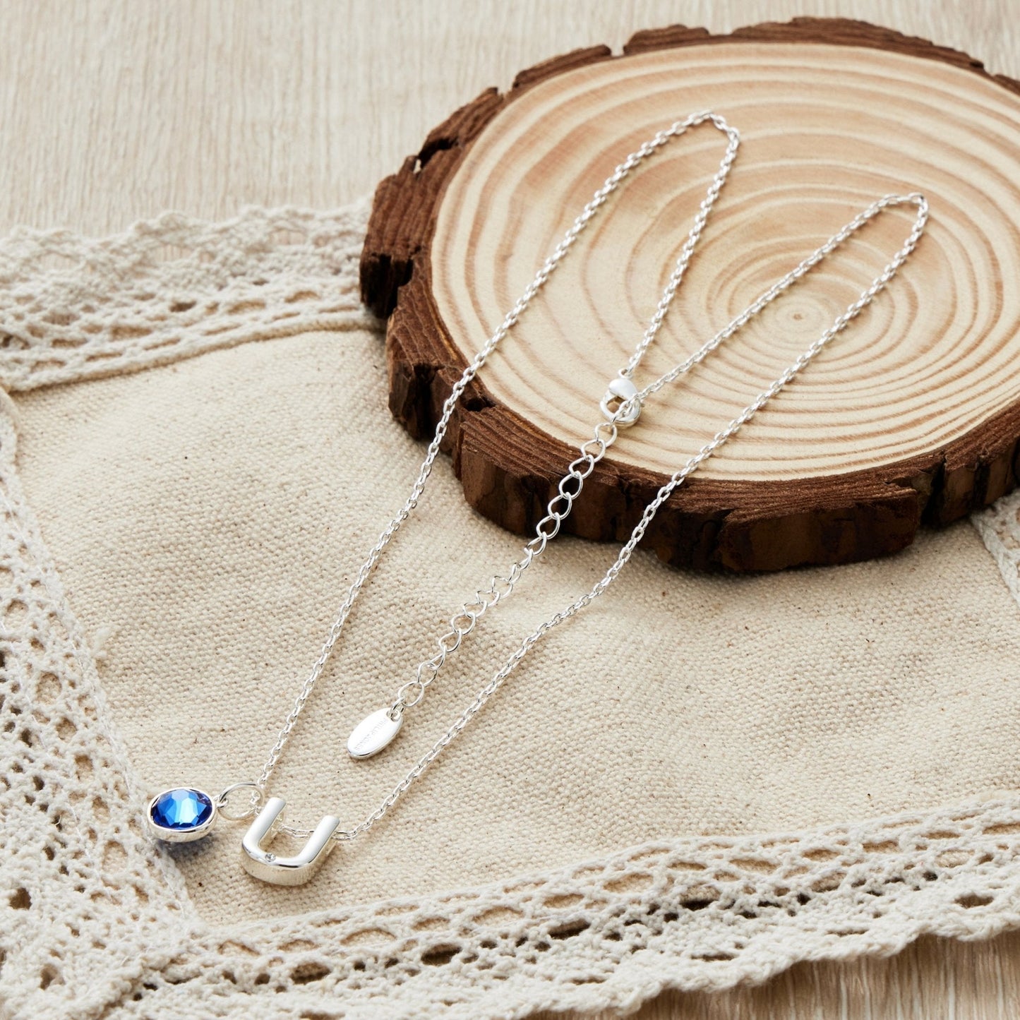 Initial U Necklace with Birthstone Charm Created with Zircondia® Crystals