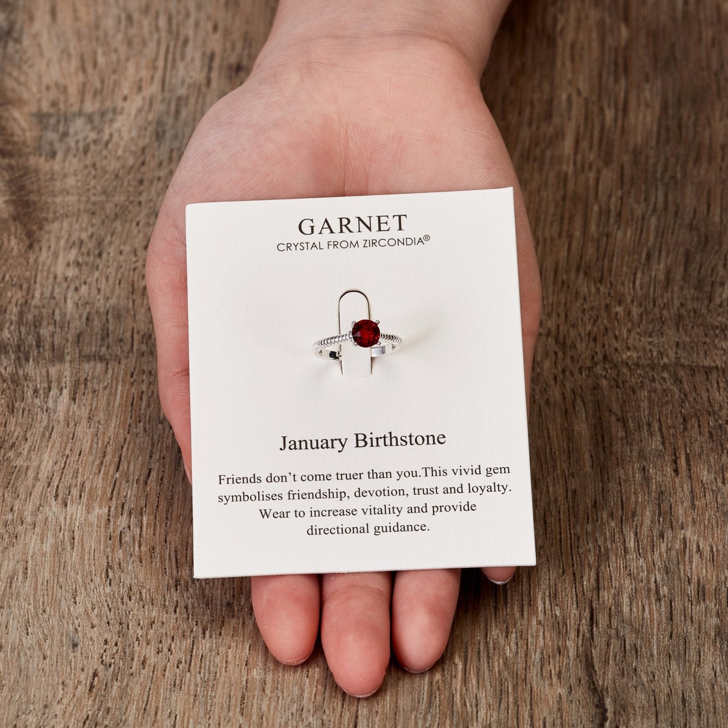 January (Garnet) Adjustable Birthstone Ring Created with Zircondia® Crystals